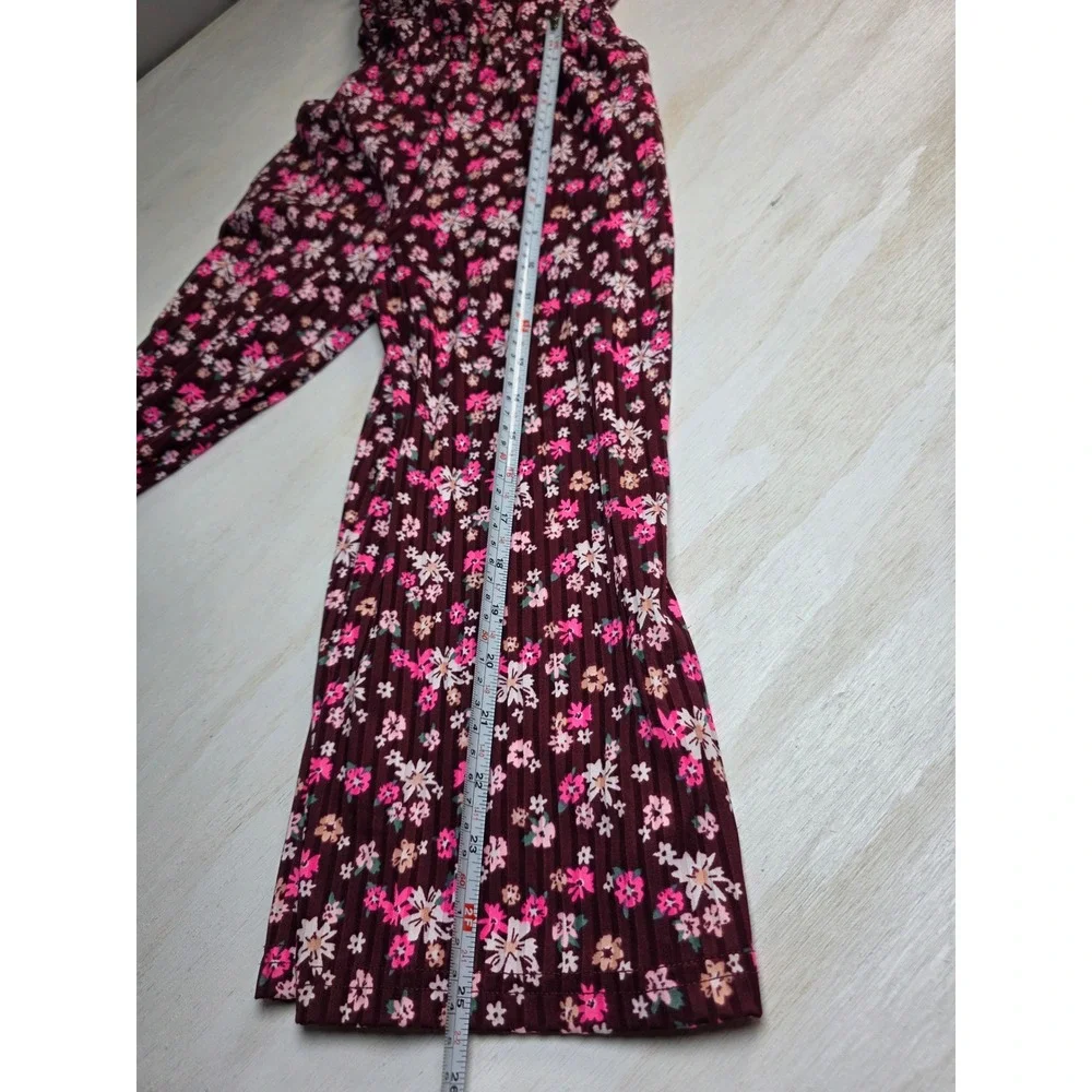 Justice Girls Floral Jumpsuit Burgundy Cold Shoulder Ruffle Wide Leg Size 7/8 S